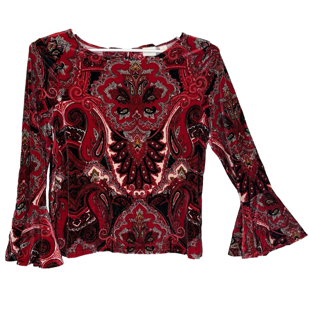 Chico's Pullover Top‎ Women's Size 1 Red Paisley Print Velour Long Bell Sleeve